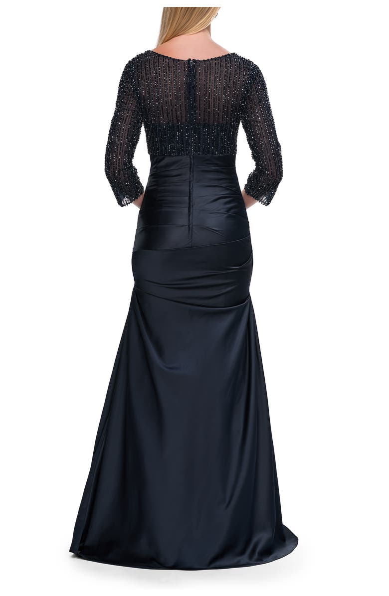 La Femme Beaded Bodice Satin Gown with Three-Quarter Sleeves, Alternate, color, Navy