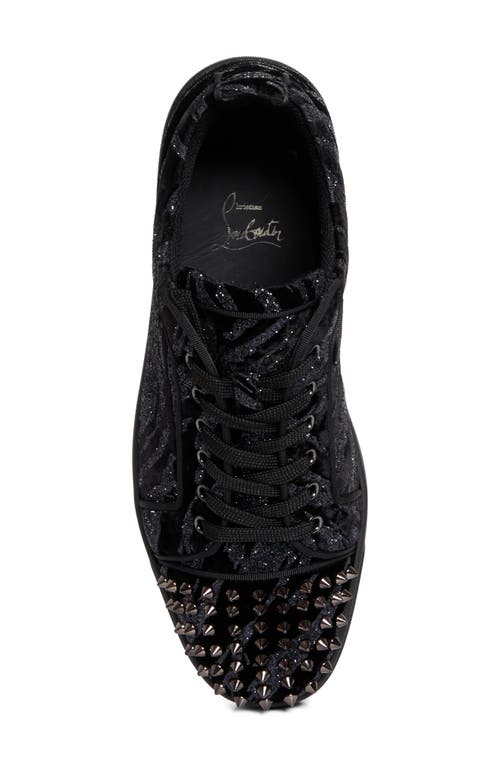 Christian Louboutin Louis Junior Spikes Studded Glittered Velour Sneakers In Black