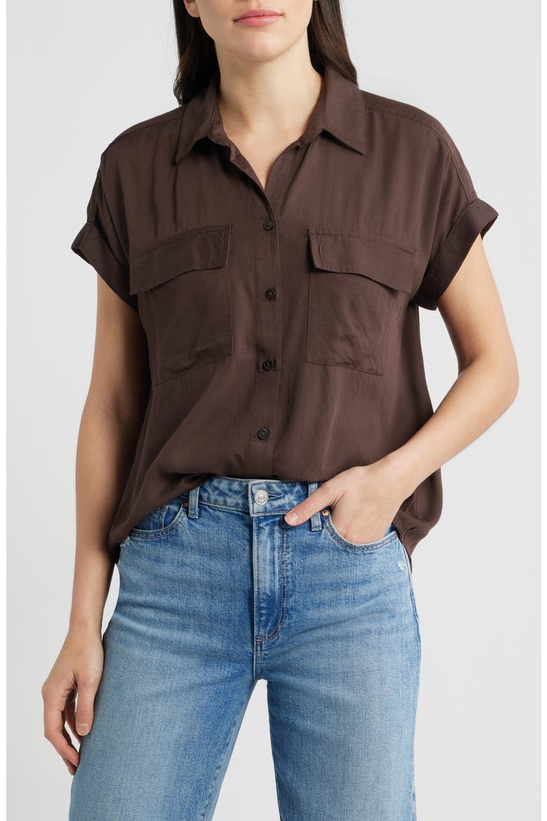 Kia Short Sleeve Button-Up Shirt, Main, color, HOT FUDGE