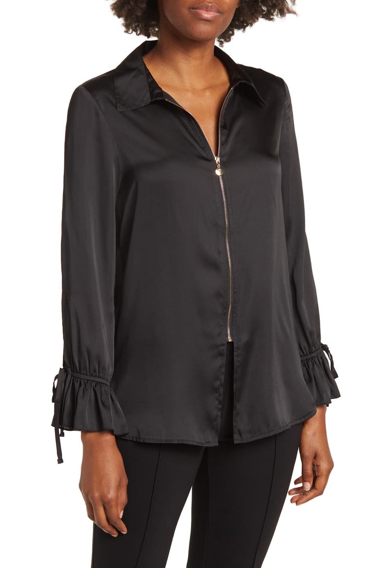 Italia Front-zip Silk Collared Blouse, Main, color, BLACK