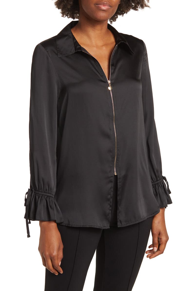 BY DESIGN Italia Front-zip Silk Collared Blouse, Main, color, 