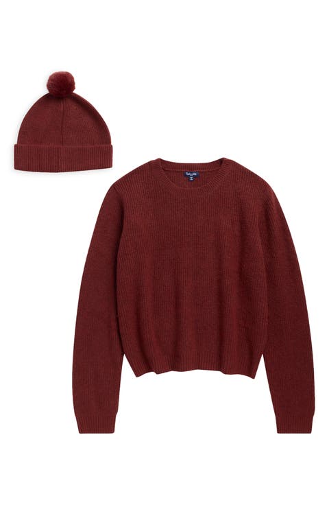 Crewneck Sweater & Faux Fur Pompom Beanie Set