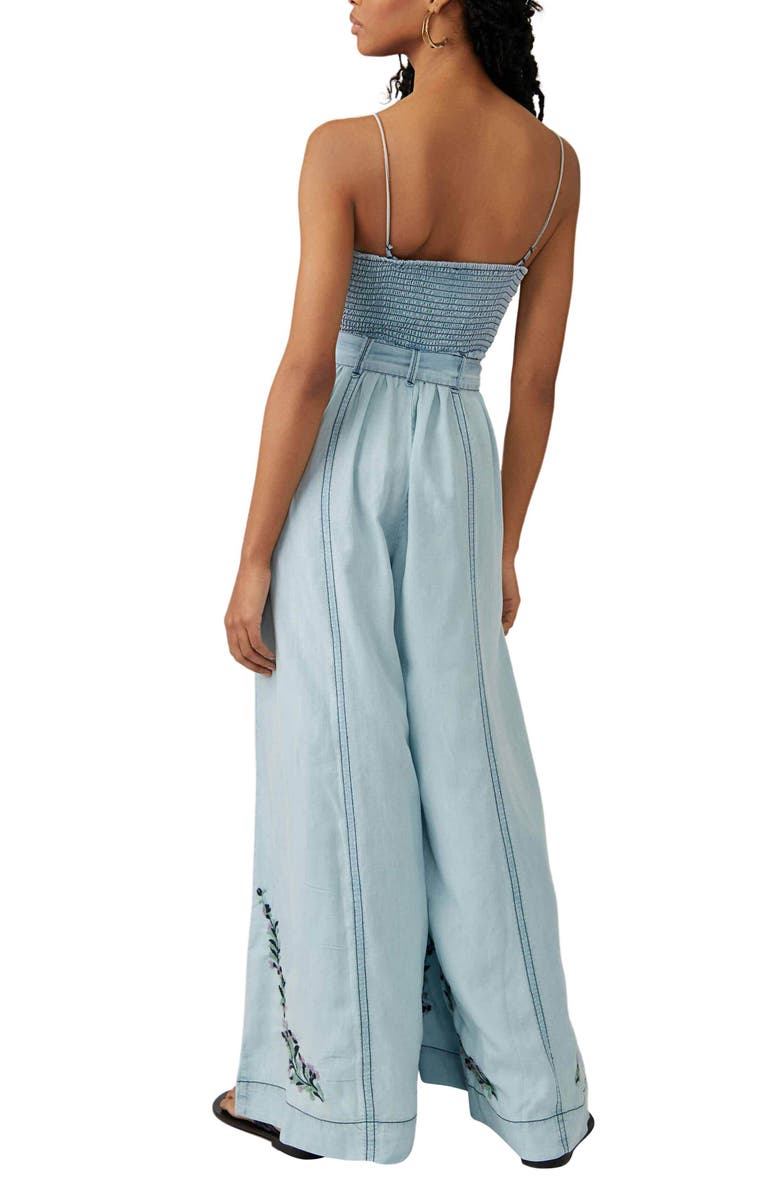 Free People Brigitte Embroidered Wide Leg Denim Jumpsuit, Alternate, color,