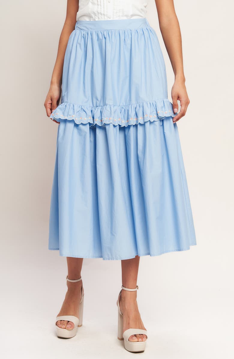 FLYING TOMATO Embroidered Midi Skirt, Main, color, Light Blue