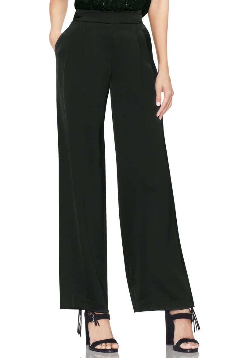 Satin Front Pleat Wide Leg Pants, Main, color, RICH BLACK
