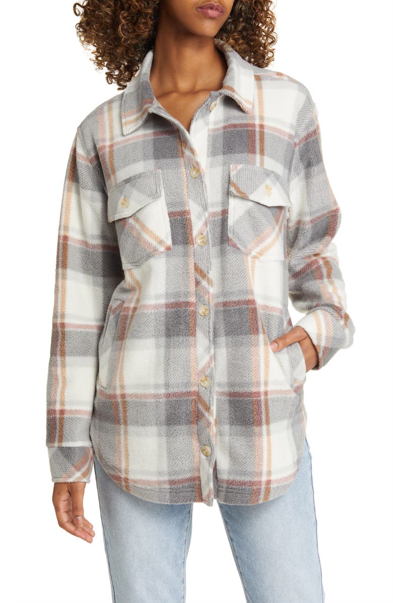 Thread & Supply Plaid Polar Fleece Shacket, Alternate, color, Grey Taupe Pink Plaid
