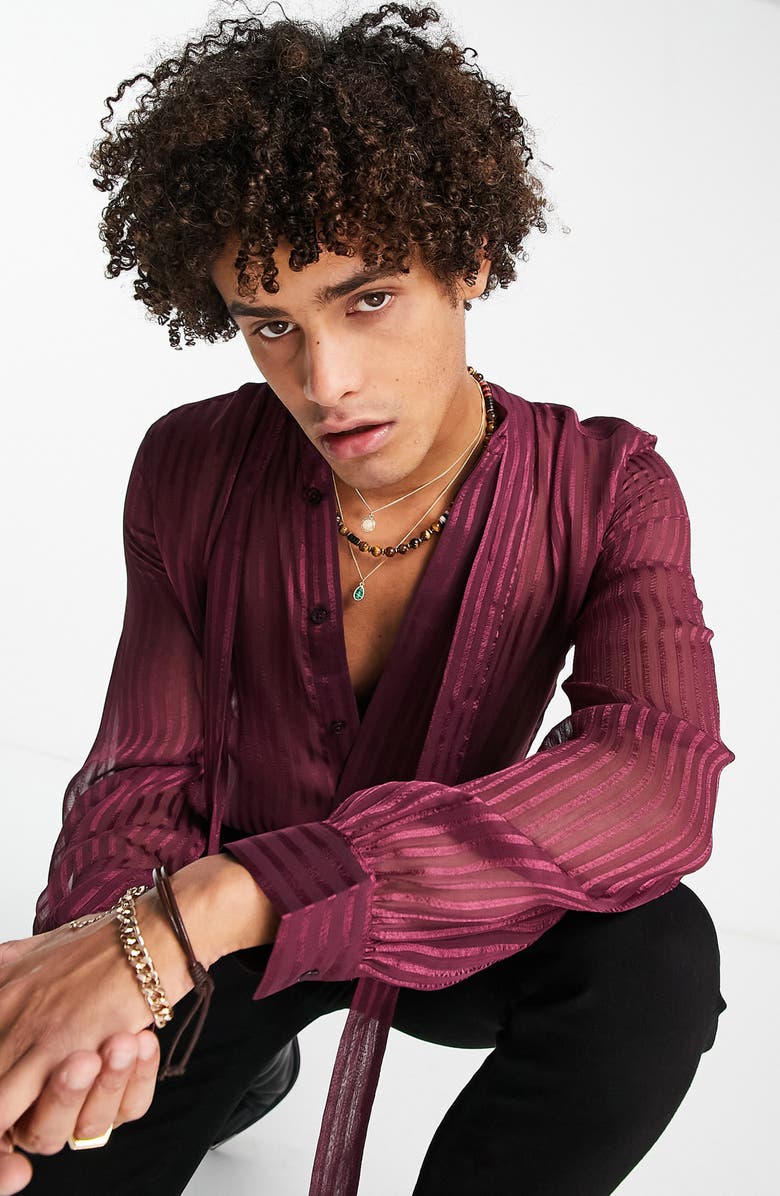 ASOS DESIGN Tie Neck Sheer Button-Up Shirt, Alternate, color,