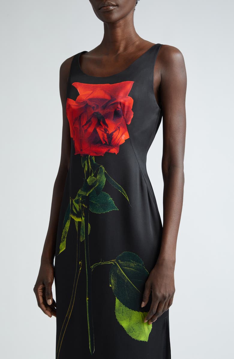 McQueen Rose Print Silk Cocktail Dress, Alternate, color, 
