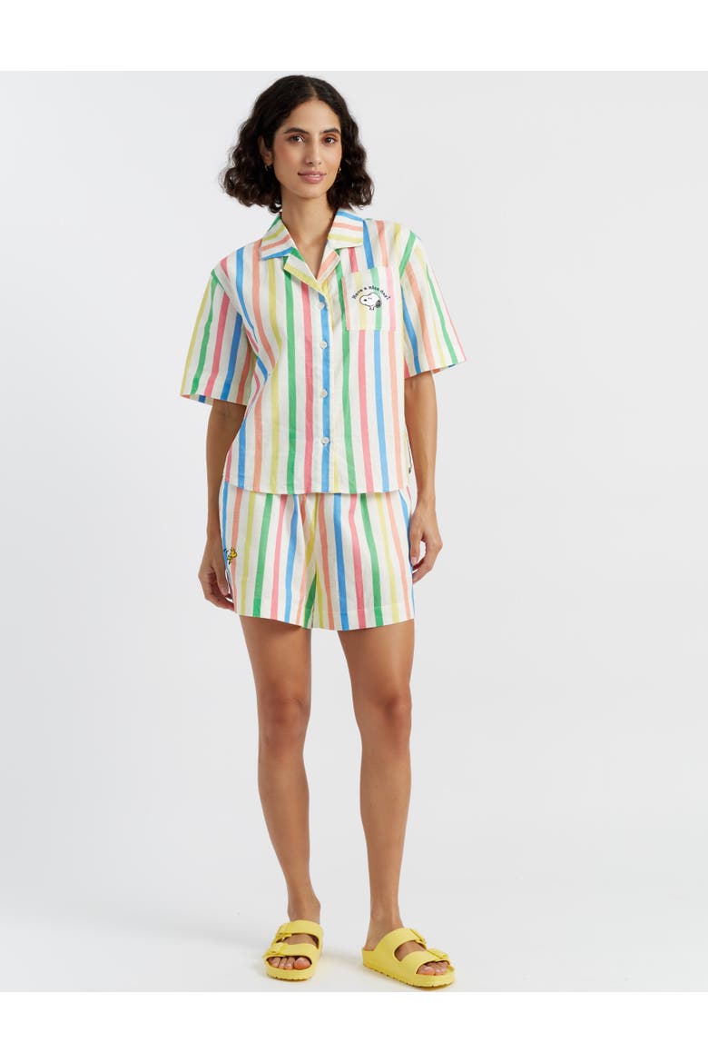 Linen-Cotton Snoopy Stripe Shorts, Alternate, color, Cream