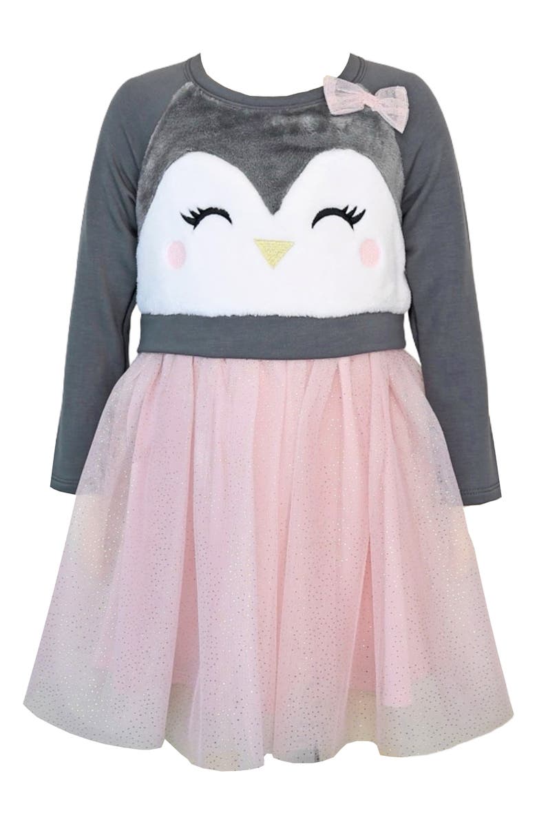 Zunie Kids' Penguin Embroidered Long Sleeve Plissé Dress, Main, color, Charcoal/ Blush