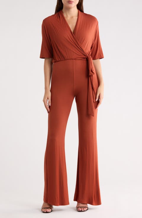 Short Sleeve Faux Wrap Jumpsuit