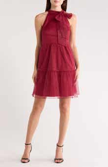 Vince Camuto Bow Glitter Tiered Mesh Cocktail Dress