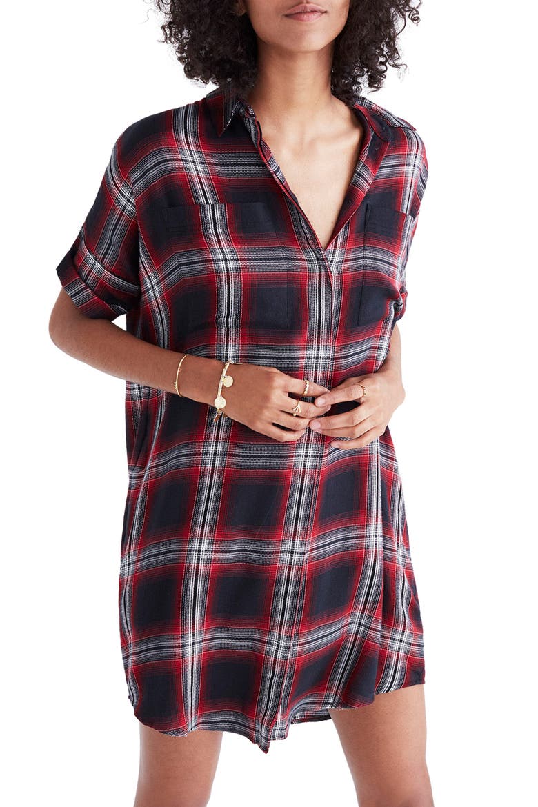 Courier Plaid Shirtdress, Main, color, GRUNGE PLAID TRUE BLACK