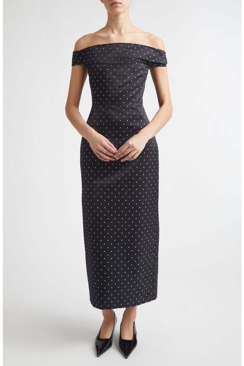 Polka Dot Jacquard Off the Shoulder Column Dress, Main, color, BLACK