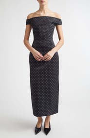 Lela Rose Polka Dot Jacquard Off the Shoulder Column Dress