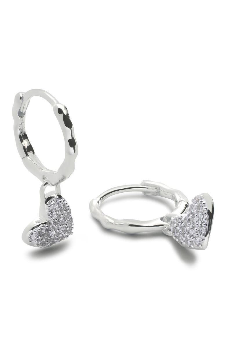 Lab-Created Diamond Heart Huggie Hoop Earrings, Main, color, STERLING SILVER