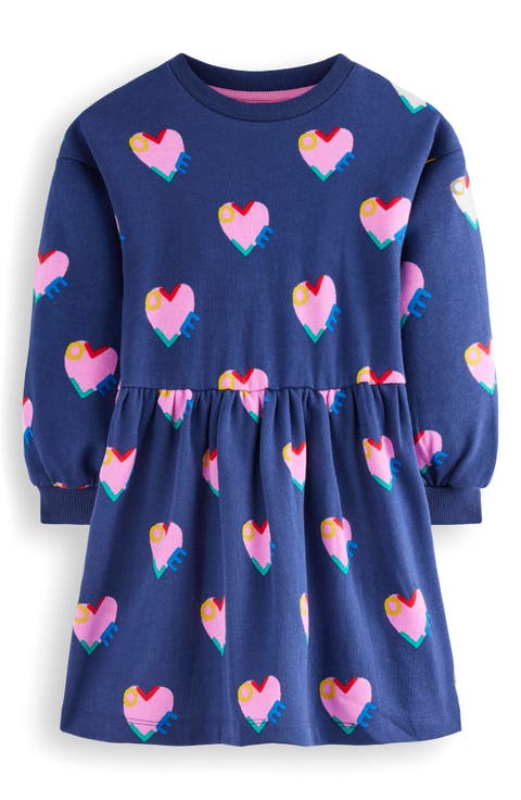 Kids' Heart Print Long Sleeve Cotton Sweatshirt Dress (Toddler, Little Kid & Big Kid)