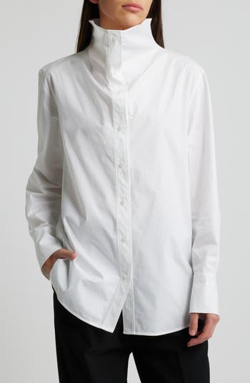 Cos Funnel Neck Stretch Poplin Button-up Shirt In White Light