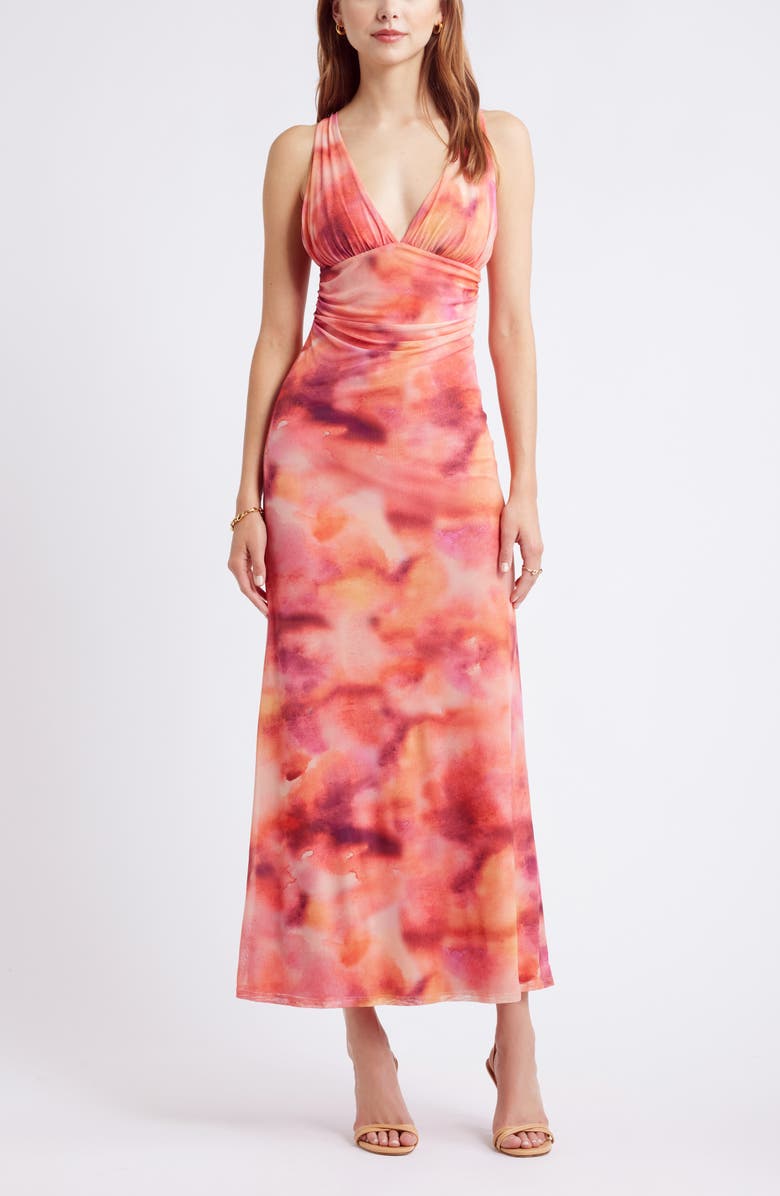 Open Edit Rosette Sleeveless Mesh Dress, Main, color, Abstract Watercolors