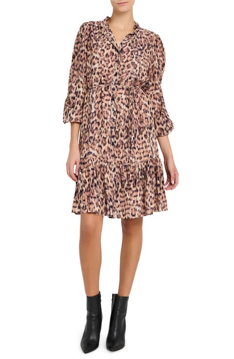Print Tie Waist Long Sleeve Dress