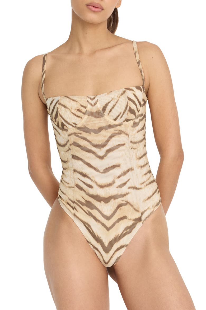Corset Demi Mesh Bodysuit, Main, color, BROWN TIGER