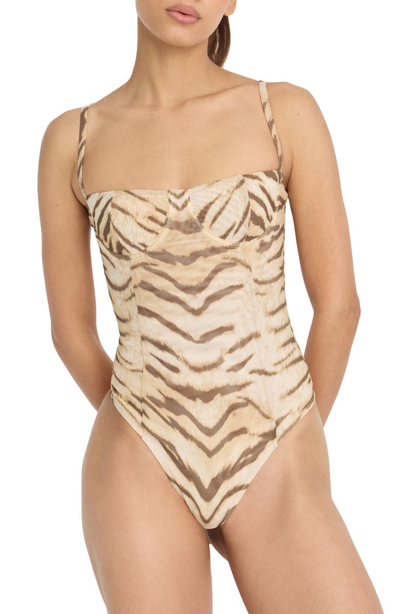 Good American Corset Demi Mesh Bodysuit, Main, color, Brown Tiger