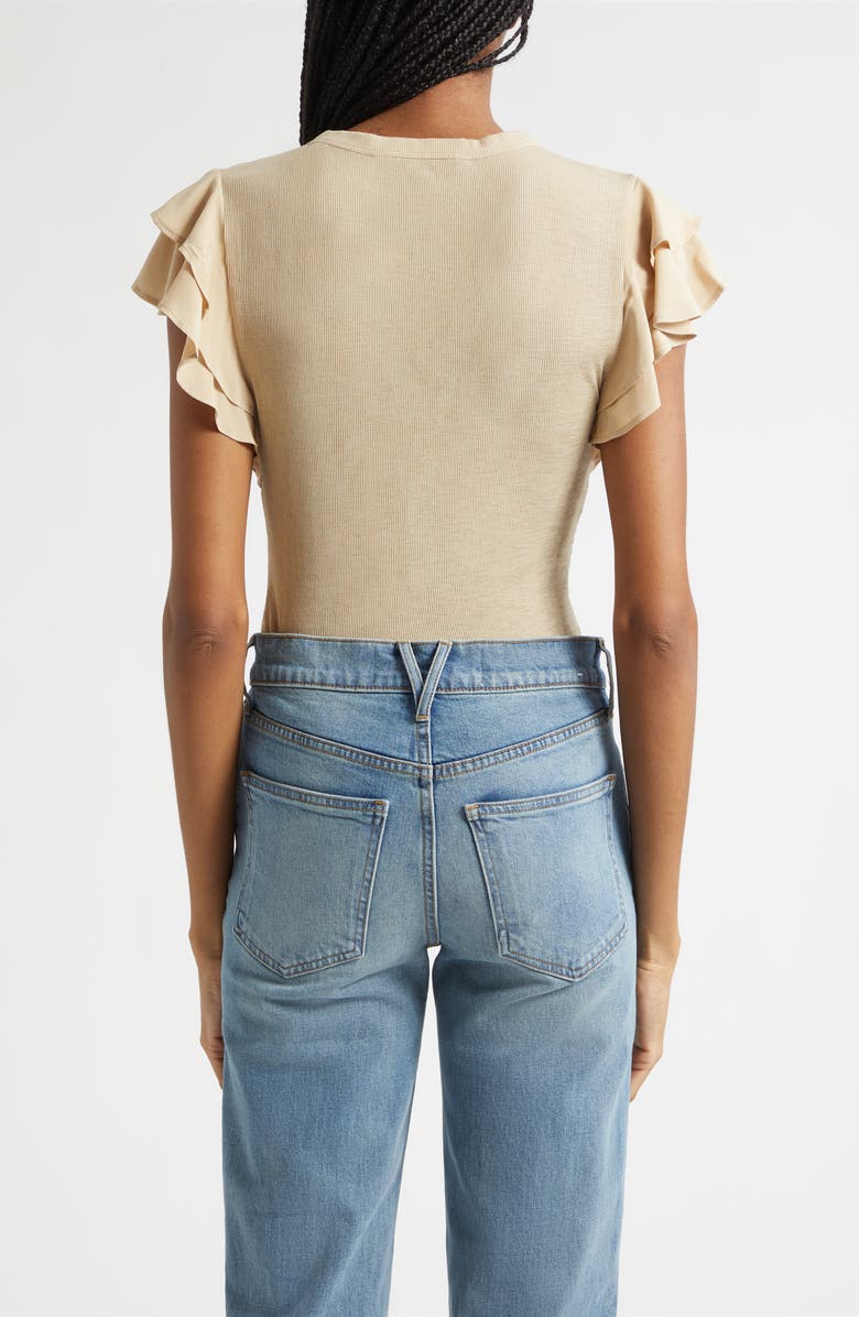 Veronica Beard Aphrodite Ruffle Sleeve Rib Top, Alternate, color, Stone Khaki