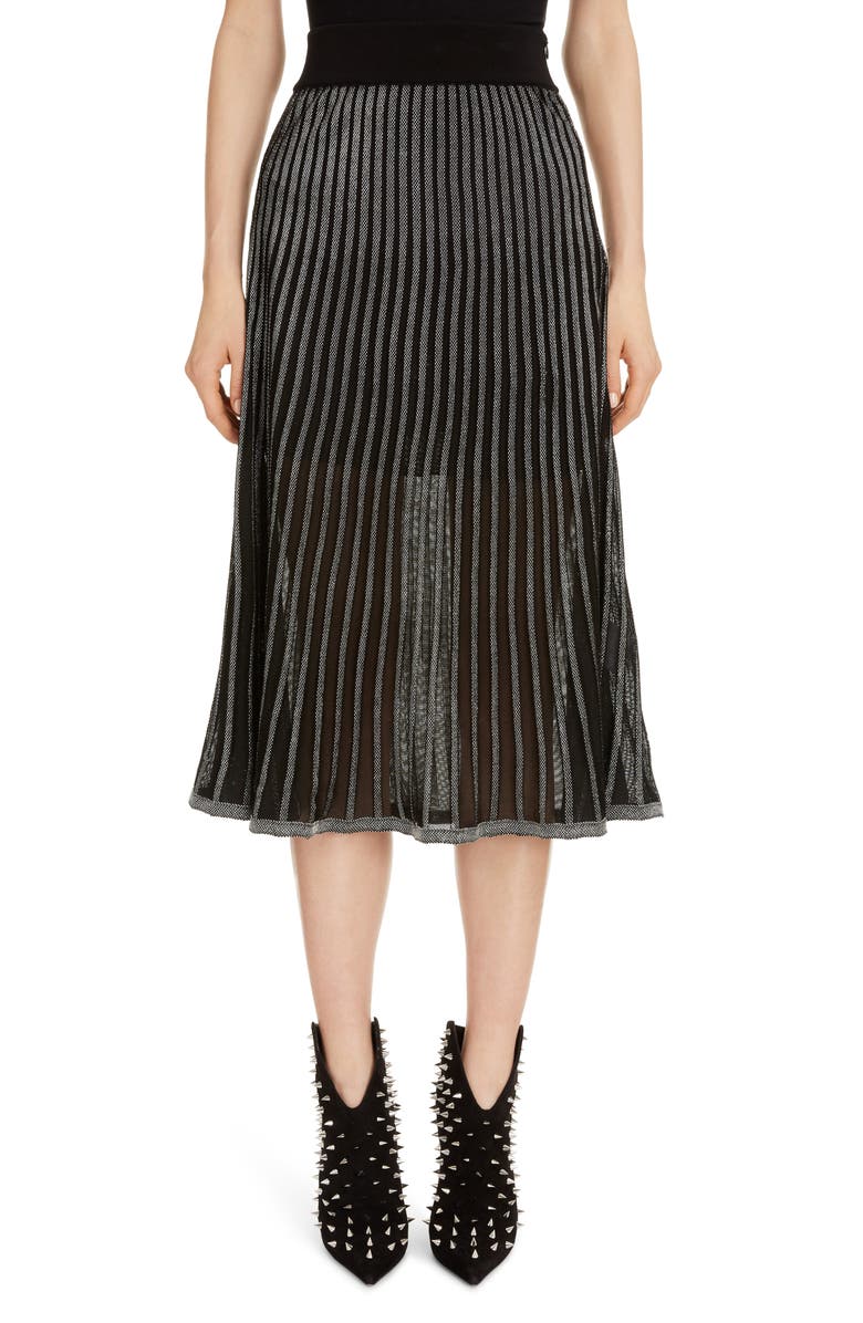 Balmain Semi Sheer Metallic Pleated Skirt, Main, color, 