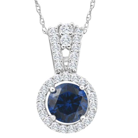 1 1/2Ct TW Blue Sapphire Halo Diamond Pendant 10k Gold Women's Necklace