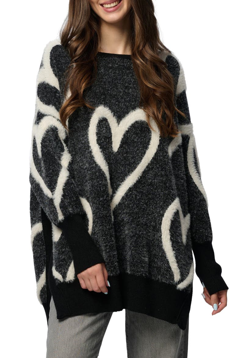Wispy Heart Tunic Sweater, Main, color, BLACK