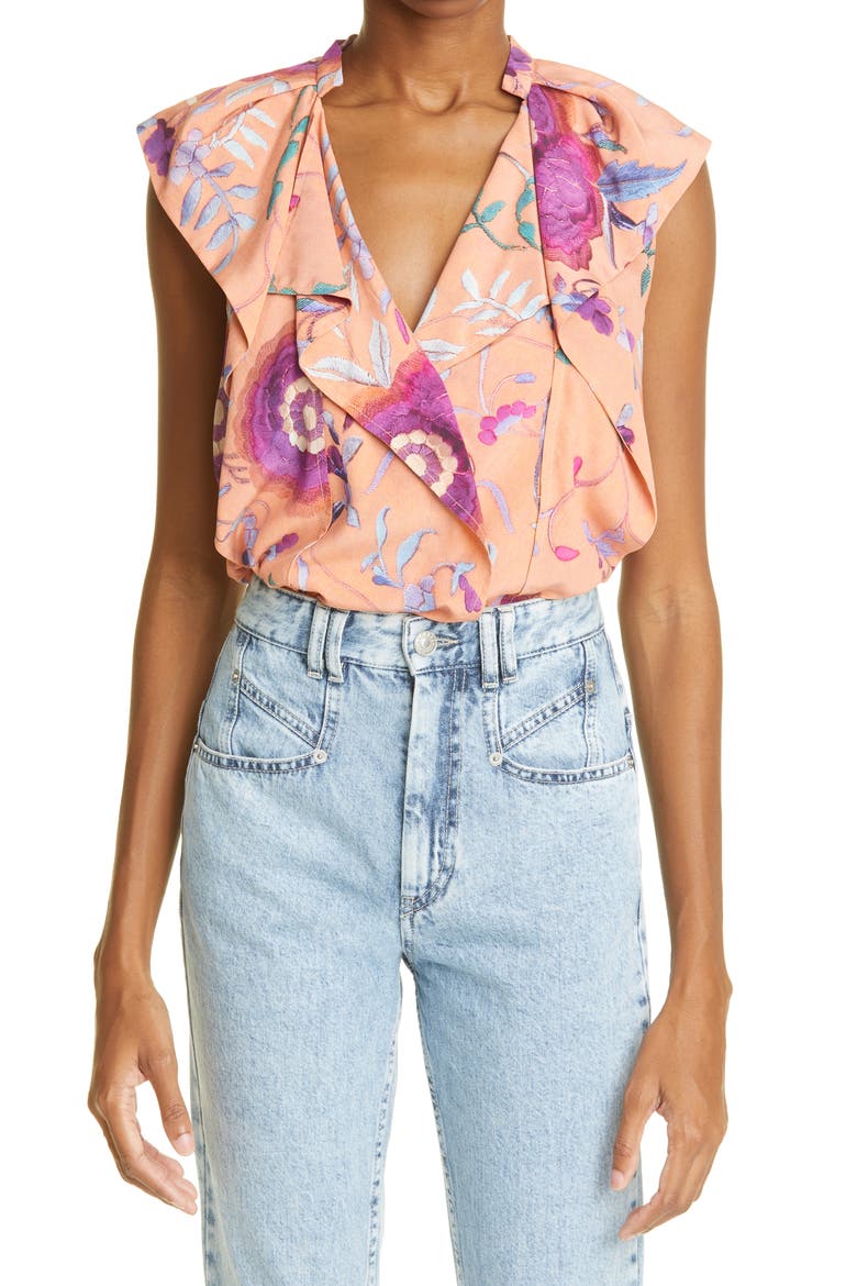 Rishane Floral Print Ruffle Stretch Silk Blouse, Main, color, PAPAYA