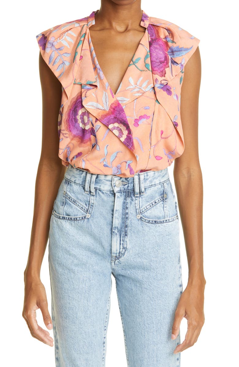 Isabel Marant Rishane Floral Print Ruffle Stretch Silk Blouse, Main, color, 