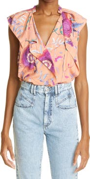 Isabel Marant Rishane Floral Print Ruffle Stretch Silk Blouse