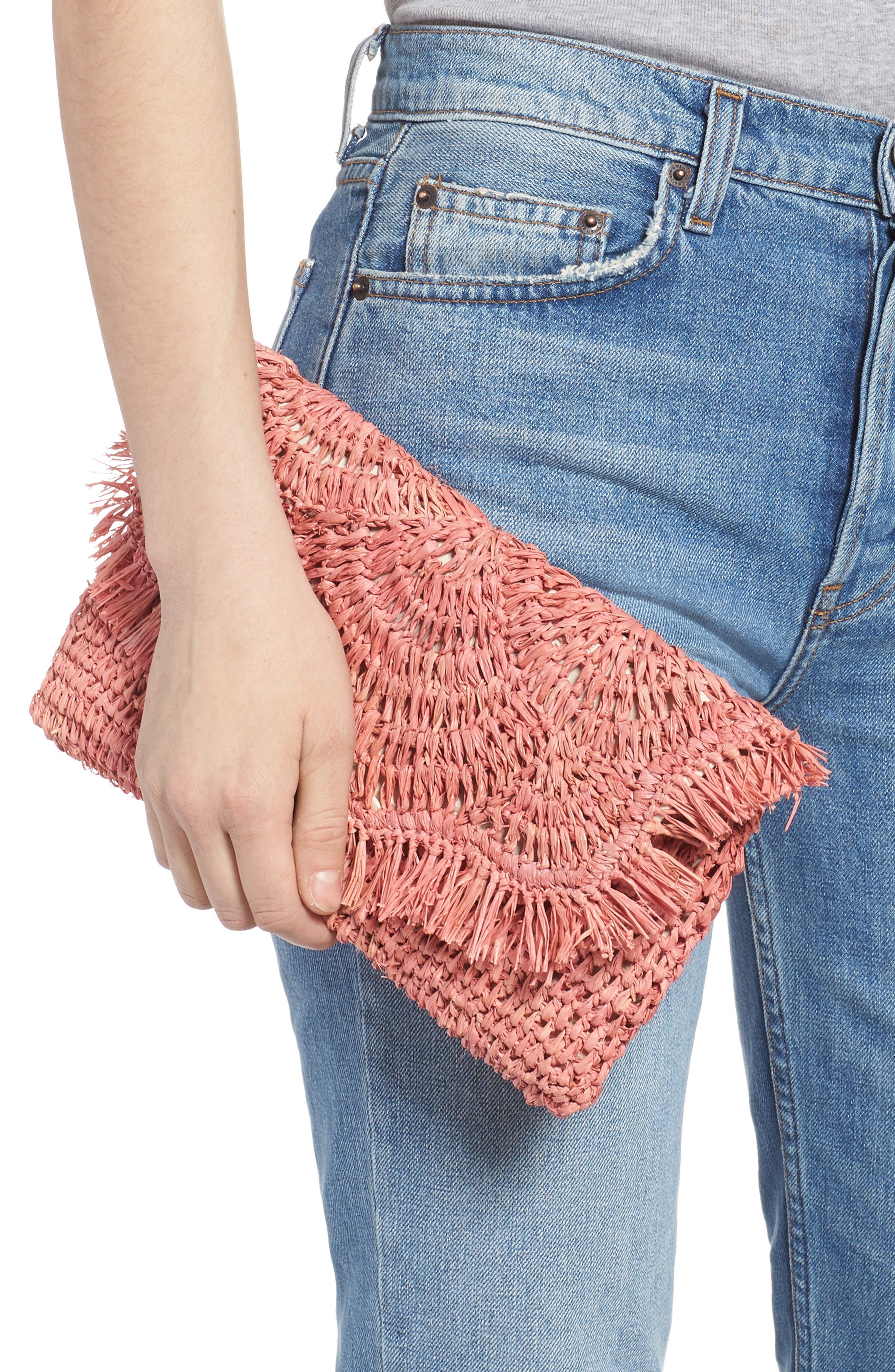 Woven Raffia Clutch, Alternate, color, PINK LEMONADE