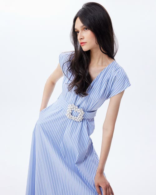 Theo The Label Echo Beaded Belt V-neck Shirtdress In Blue Stripe