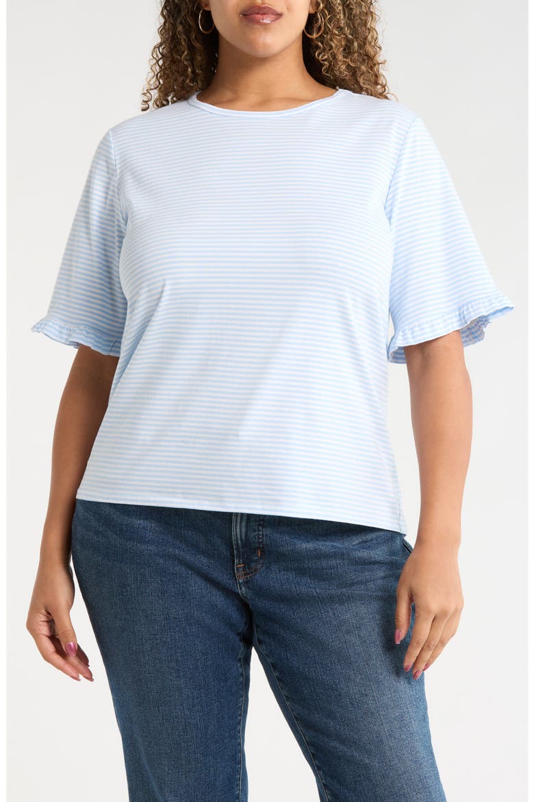 Stripe Frill Sleeve Stretch Cotton Top, Main, color, BREEZE BLUE/ NATURAL WHITE