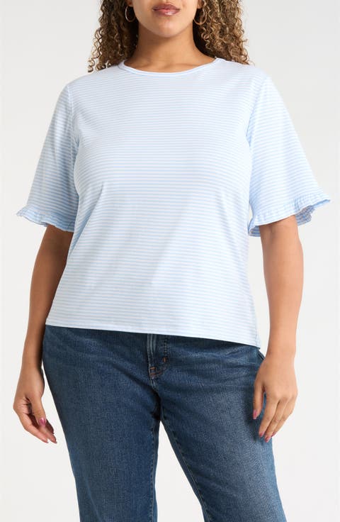 Stripe Frill Sleeve Stretch Cotton Top (Plus)
