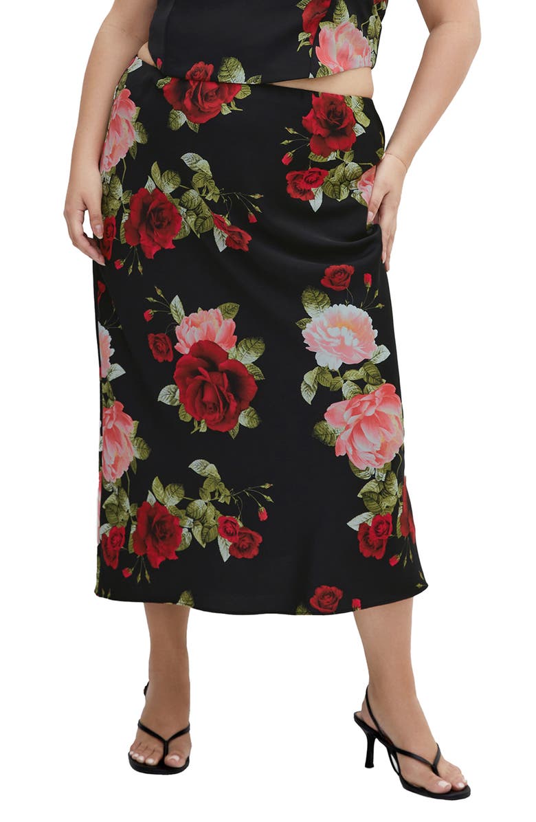 City Chic Cherie Floral Print Satin Midi Skirt, Main, color,