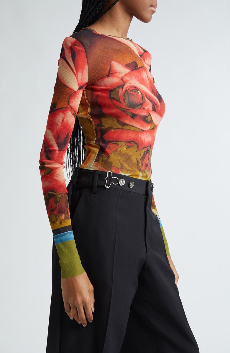 Jean Paul Gaultier Rose Print Long Sleeve Mesh Top, Alternate, color,