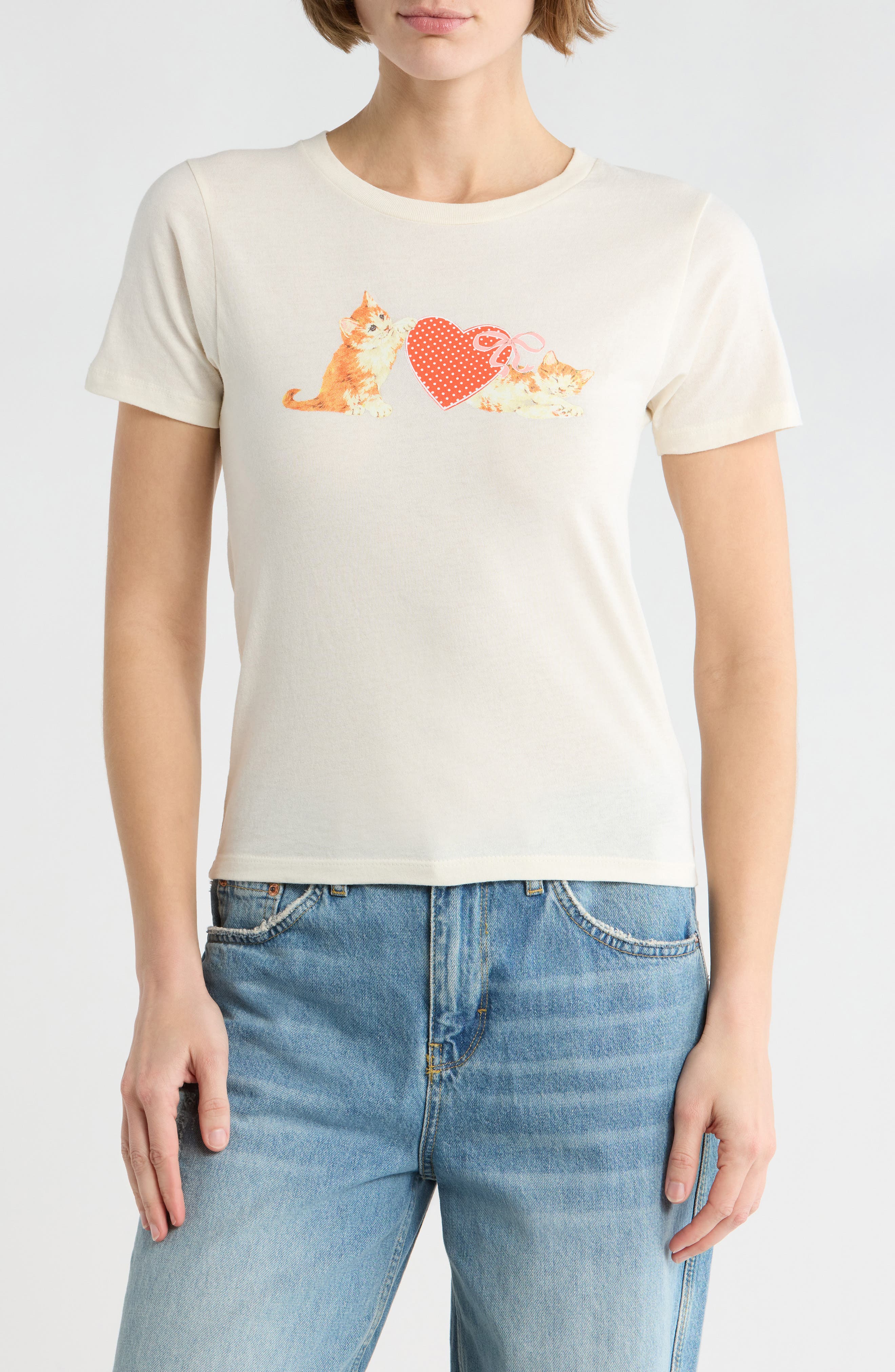 Hi Res Cat Holding Hearts Cotton Graphic T-Shirt