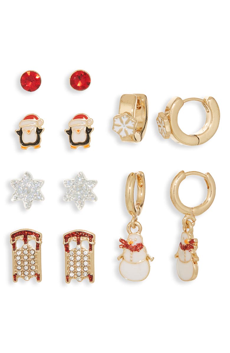Leith Pack of 6 Festive Snow Earrings, Main, color, White Multi- Gold