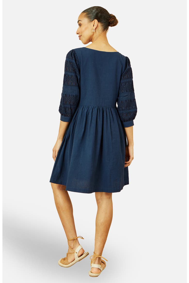Broderie Anglaise Puff Sleeve Dress, Alternate, color, Navy
