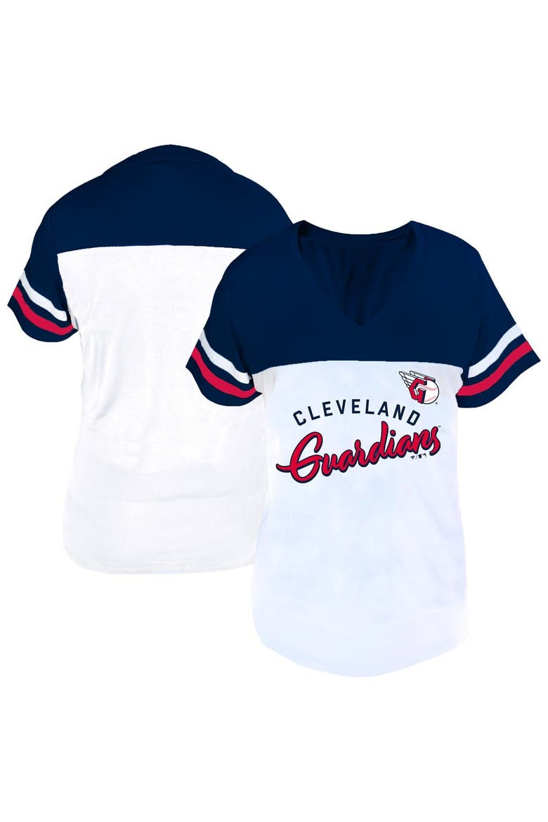 Women's Profile White/Navy Cleveland Guardians Plus Size Two-Stripe V-Neck T-Shirt, Main, color, White