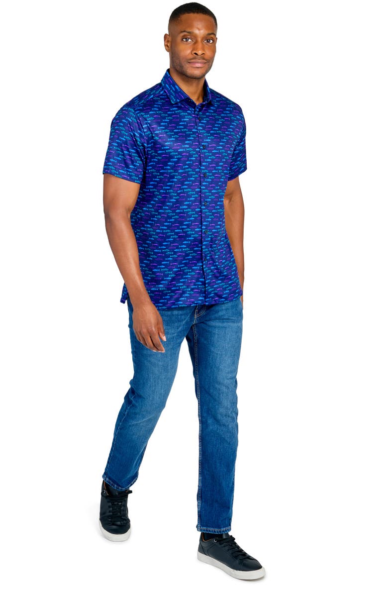 CONSTRUCT Slim Fit Neon Fish 4-Way Stretch Short Sleeve Button-Up Shirt, Alternate, color, Navy