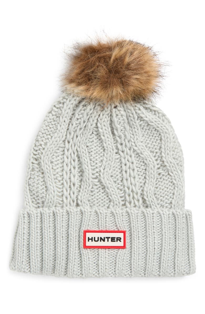 Hunter Logo Cable Knit Faux Fur Pompom Fleece Lined Beanie, Main, color, Silver Grey