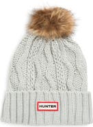 Hunter Logo Cable Knit Faux Fur Pompom Fleece Lined Beanie