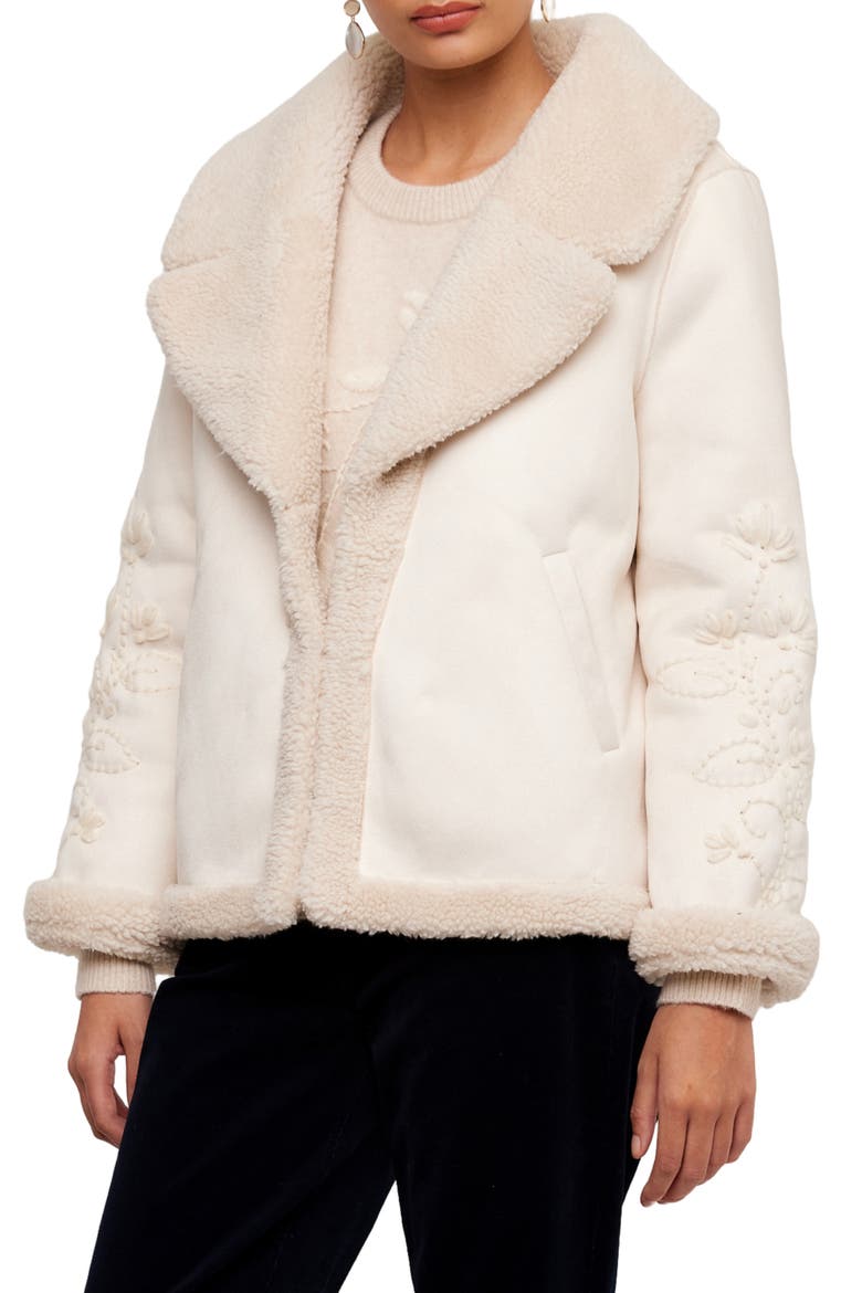 Embroidered Faux Suede & Faux Shearling Coat, Alternate, color, CREAM