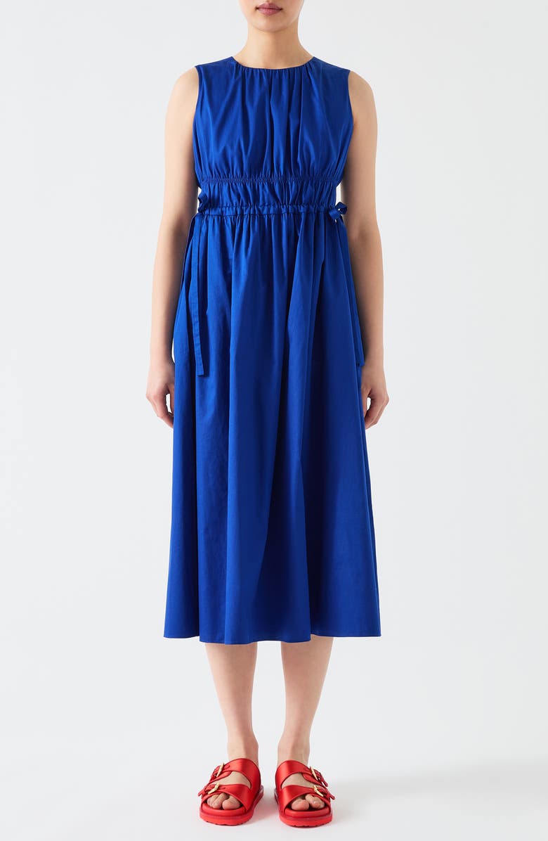 LK Bennett Lea Sleeveless Tie Waist Cotton Midi Dress, Main, color, Ultra Blue