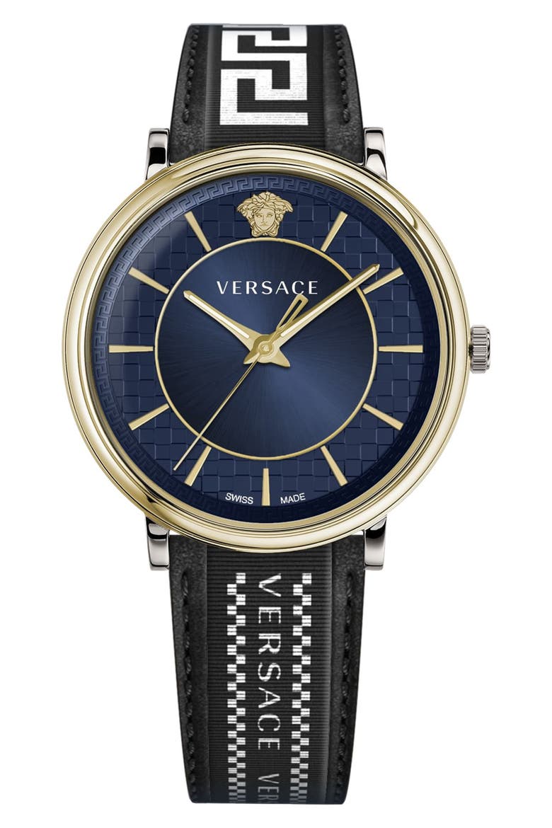 Men's V-Circle Blue Dial Leather Strap Watch, 42mm, Main, color, GOLD