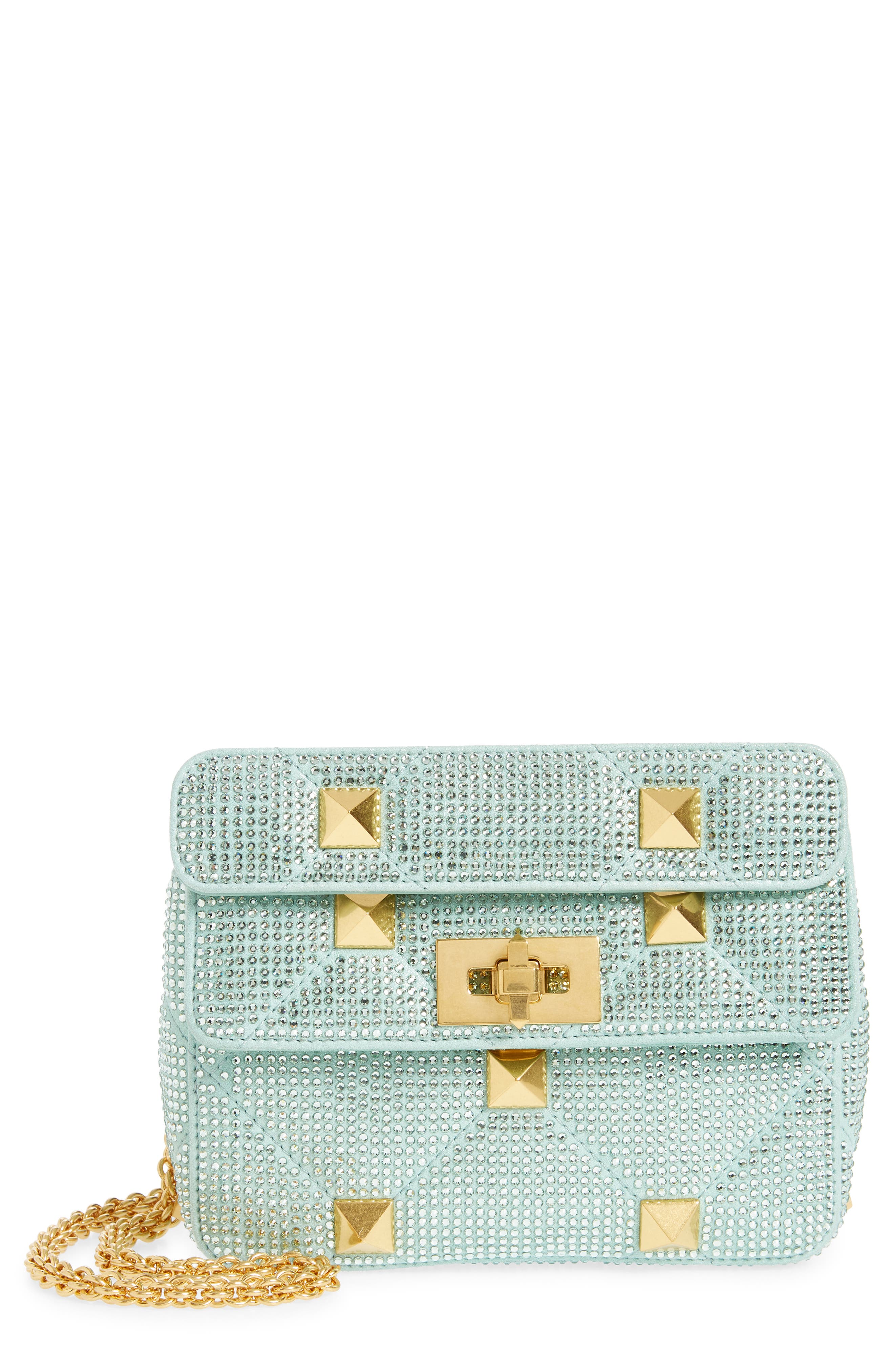 Valentino Garavani Small Roman Stud Crystal Embellished Matelassé Suede Shoulder Bag, Main, color, 